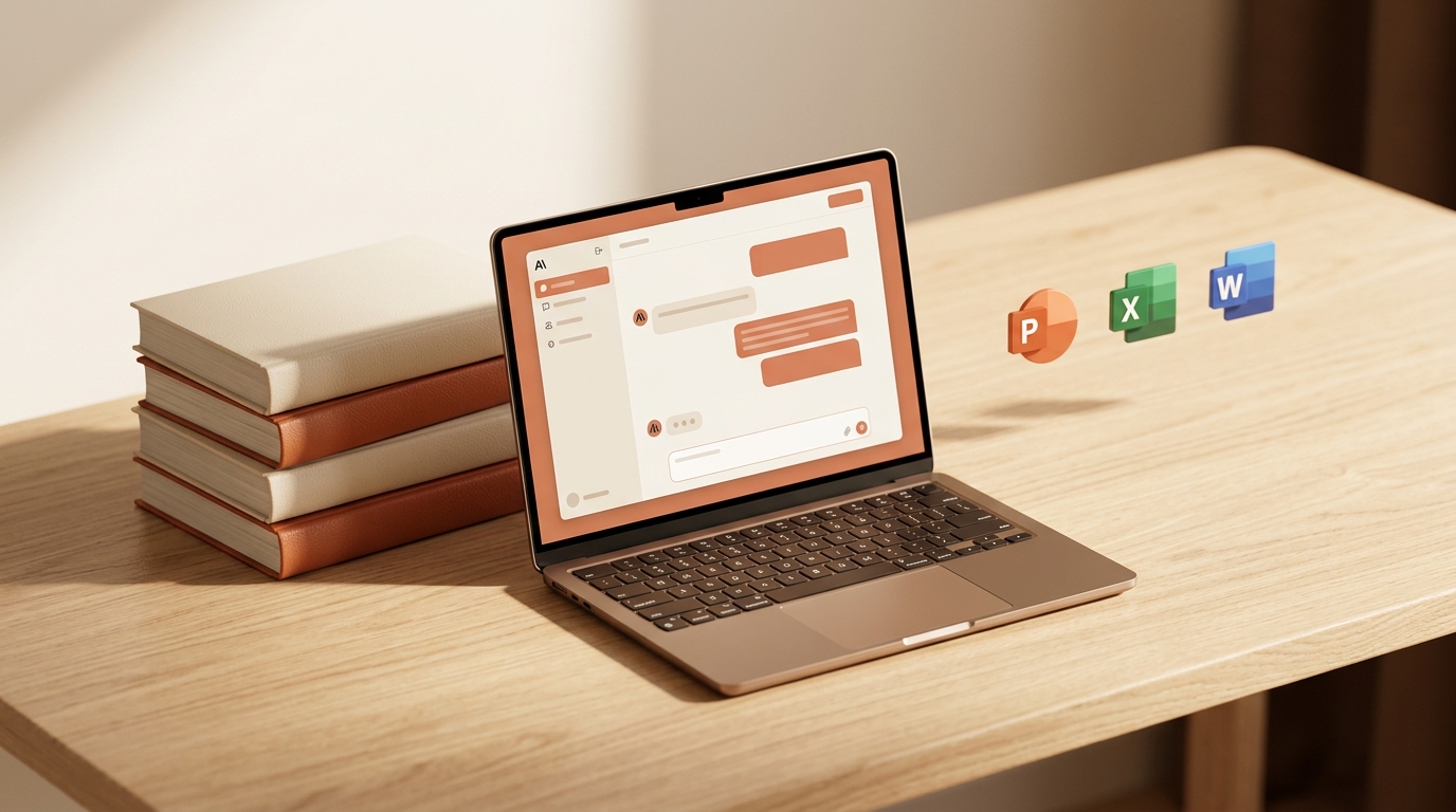 Stak af bøger, laptop med Claude AI chat-interface og PowerPoint, Excel og Word ikoner — alt det Claude Pakken dækker