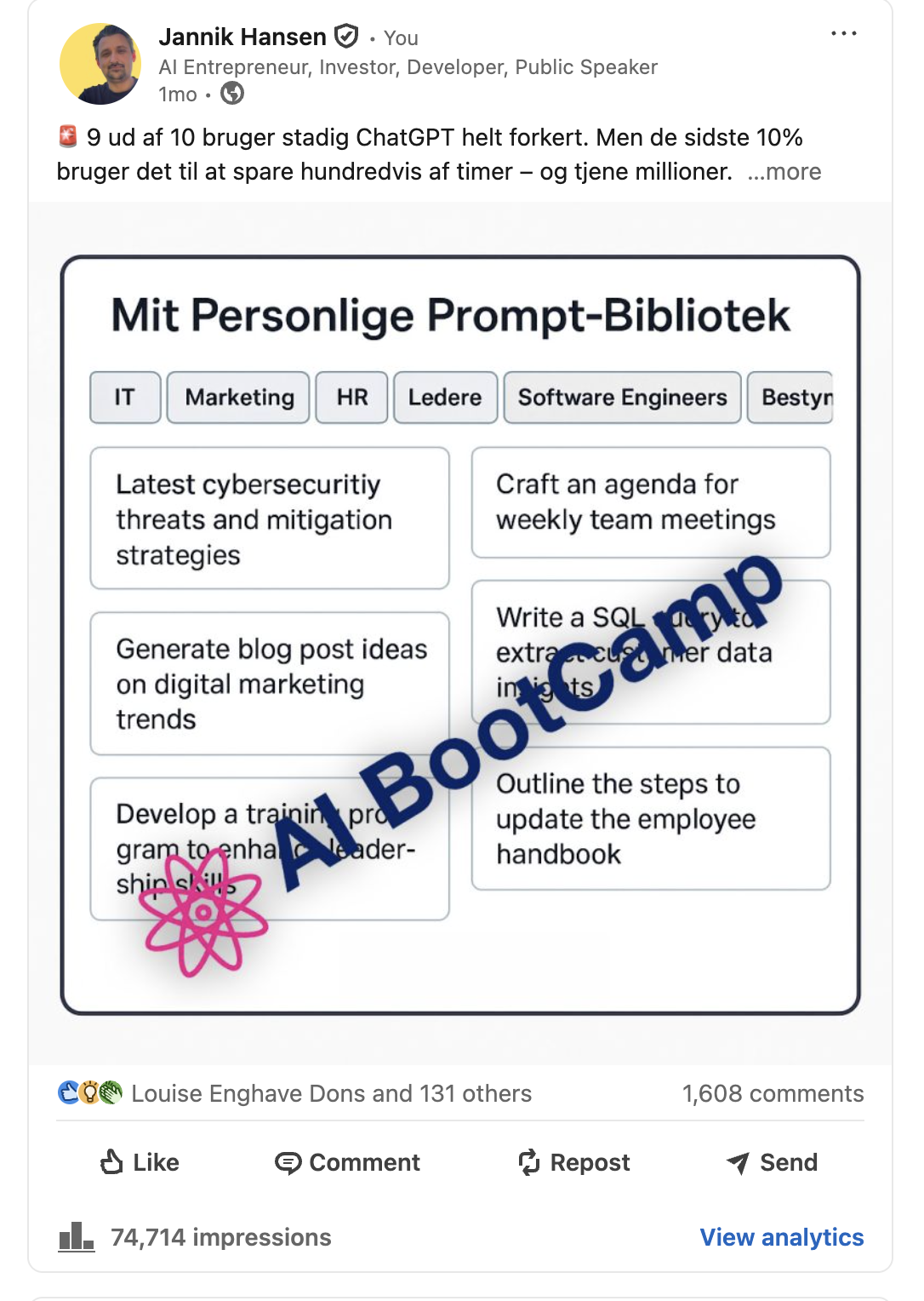 LinkedIn Prompt Bibliotek post - 74,714 visninger