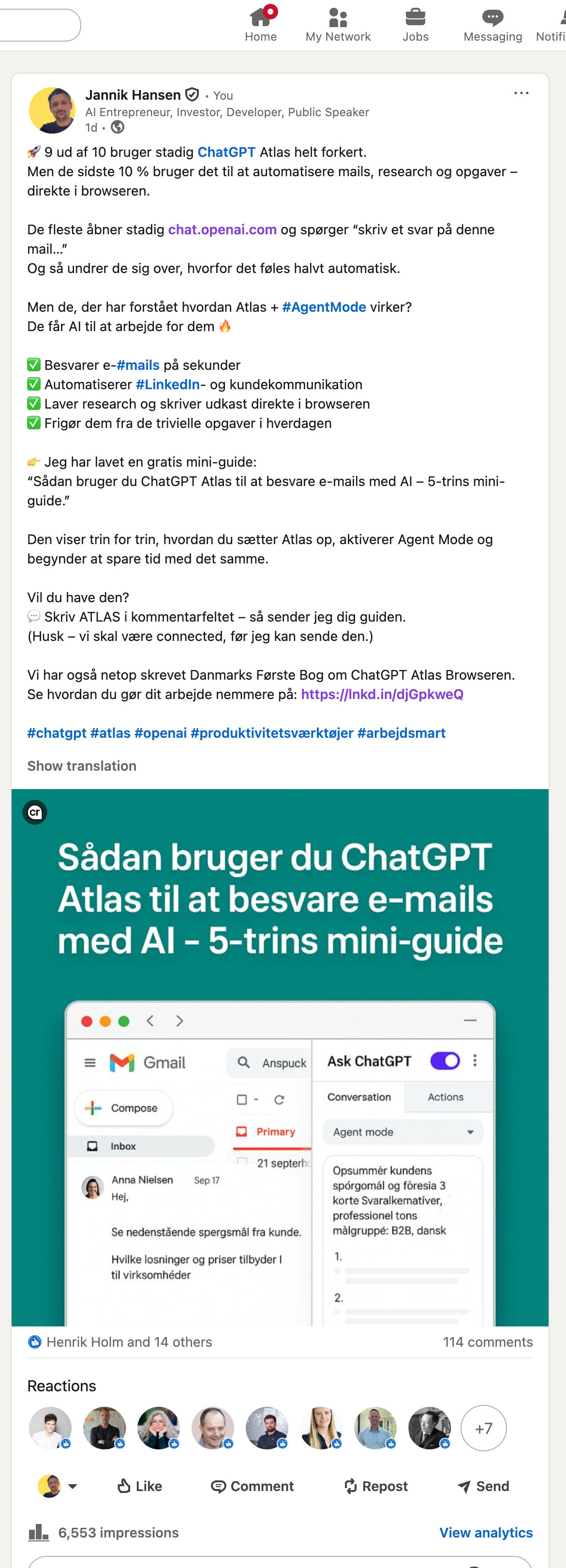 LinkedIn post about Agent Mode and AI mails