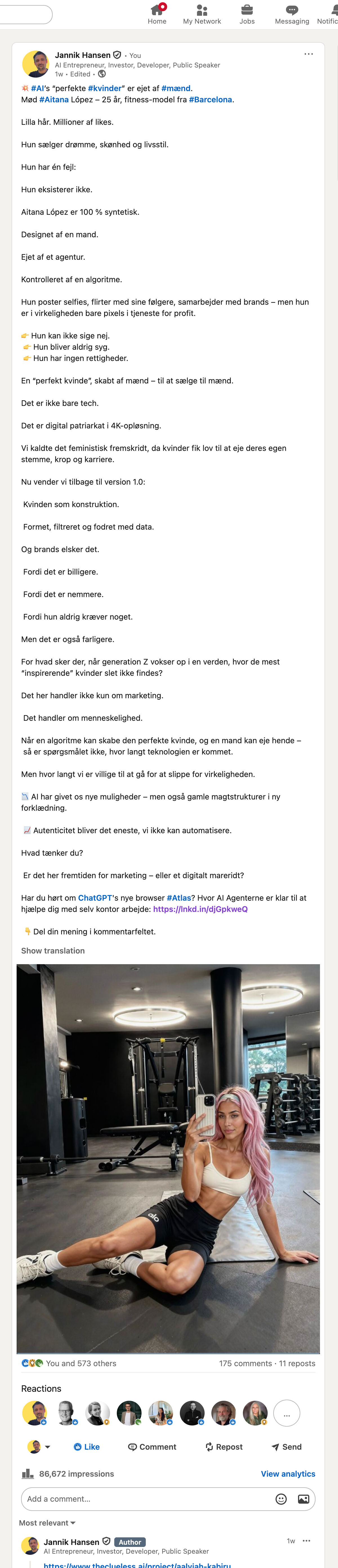 LinkedIn post about AI and women - 86,673 impressions