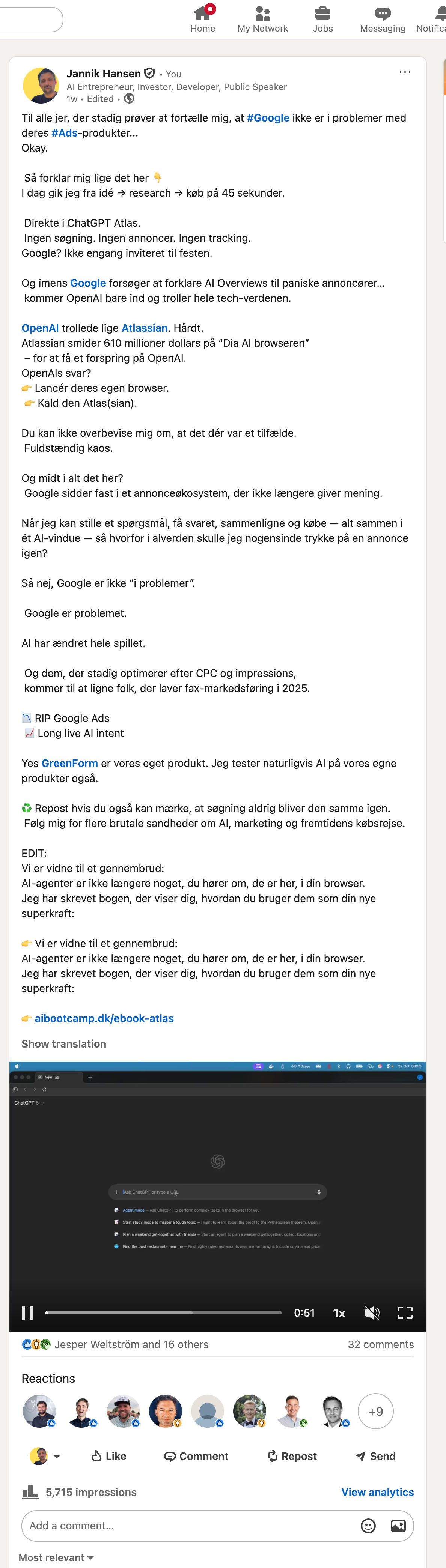 LinkedIn post about Google Ads and AI